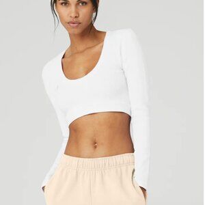 ALO Yoga Seamless Ribbed Cropped Serene Long Sleeve Crop Top White XS